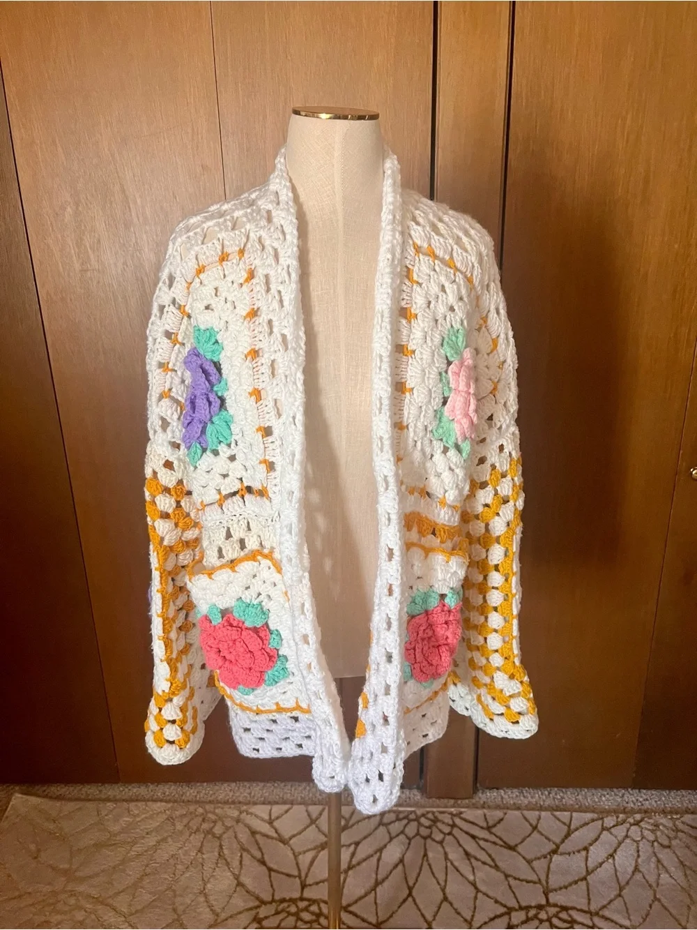 Adorable Handmade White Crochet Floral Cardigan Sweater - Picture 2 of 6
